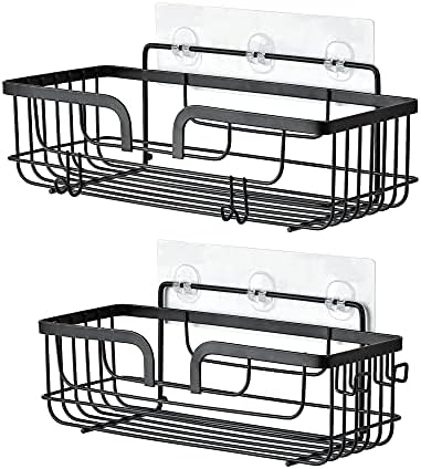 JOMOLA Shower Caddy Shelves Adhesive Bathroom Organizer Basket Kitchen Shelf Wall Storage Rack with 4 Hanging Hooks No drilling, Stainless Steel, Black 2pcs