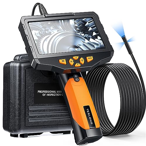 Triple Lens Borescope Inspection Camera, Teslong Professional Endoscope with Light, Digital Video Scope Camera, 5″ IPS Screen, Waterproof Flexible Cable for Automotive/Home/Wall/Pipe/Car (16.4ft)