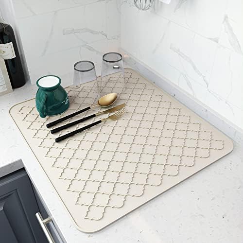 AMOAMI-Dish Drying Mats for Kitchen Counter-Silicone Dish Drying Mat-Kitchen Dish Drying Pad Heat Resistant Mat-Kitchen Gadgets Kitchen Accessories Kitchen Small Appliances (16″ x 18, BEIGE)