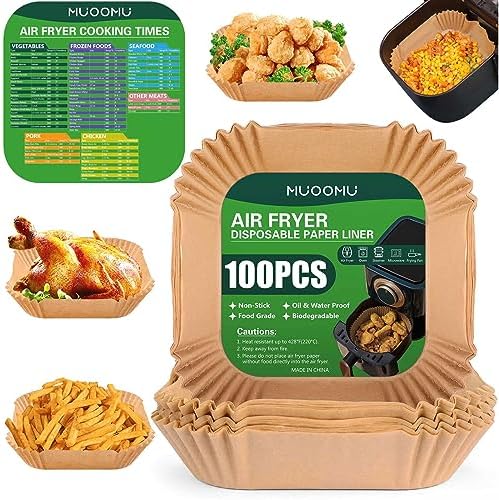 Air Fryer Disposable Square Parchment Liners, Non-Stick, Water Proof – 100 Pack of 6.3 inch Liners for Frying Pans and Microwaves