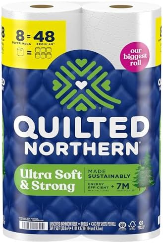 Quilted Northern Ultra Soft & Strong Toilet Paper, 8 Super Mega Rolls = 48 Regular Rolls, 5X Stronger*, Premium Soft Toilet Tissue (Packaging May Vary)