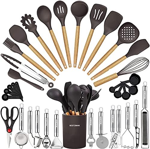 Cooking Utensils Set- 35 PCs Kitchen Utensils with Grater,Tongs, Spoon Spatula &Turner Made of Heat Resistant Food Grade Silicone and Wooden Handles Kitchen Gadgets Tools Set for Cookware