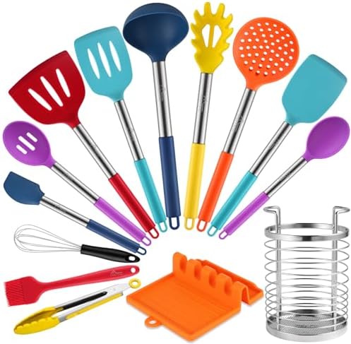 HOTEC Heat Resistant Silicone Kitchen Utensils, Cooking Utensil Set, Spatula Set, BPA Free, Kitchen Gadgets, with Stainless Steel Utensils Holder, Dishwasher Safe, 14pcs Multicolor