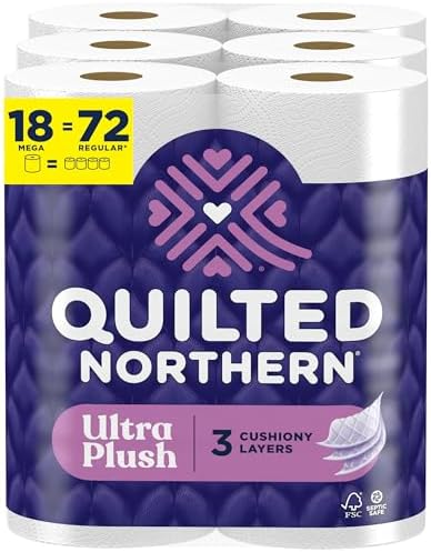 Quilted Northern Ultra Plush Toilet Paper, 18 Mega Rolls = 72 Regular Rolls, 3X Thicker*, 3 Ply Soft Toilet Tissue (Packaging May Vary)